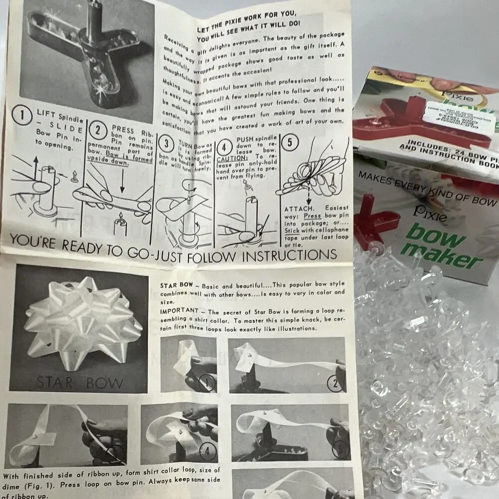 Vintage BIG LOT Pixie Bow Maker Kit 100s Bow Pins & Instructions Green Pink Red